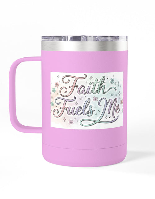 Load image into Gallery viewer, 15oz Insulated Coffee Tumbler Mug — "Faith Fuels Me" Pastel Star Design
