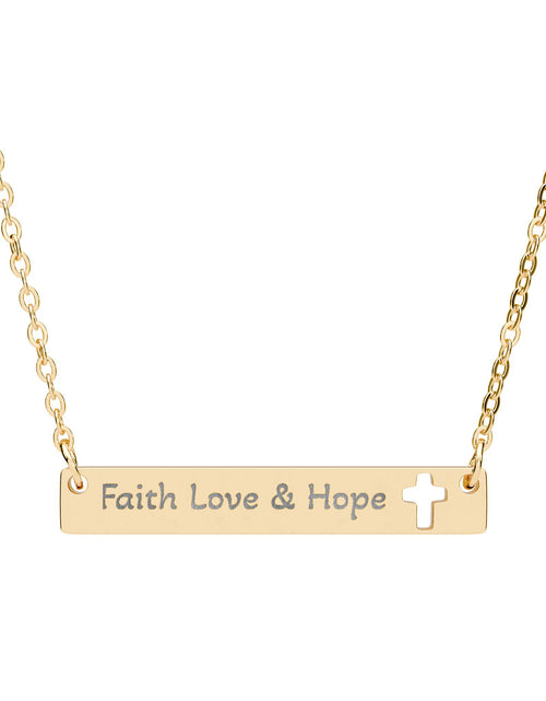 Load image into Gallery viewer, Cutout Cross Bar Necklace — "Faith, Love &amp; Hope" Engraved Religious Pendant

