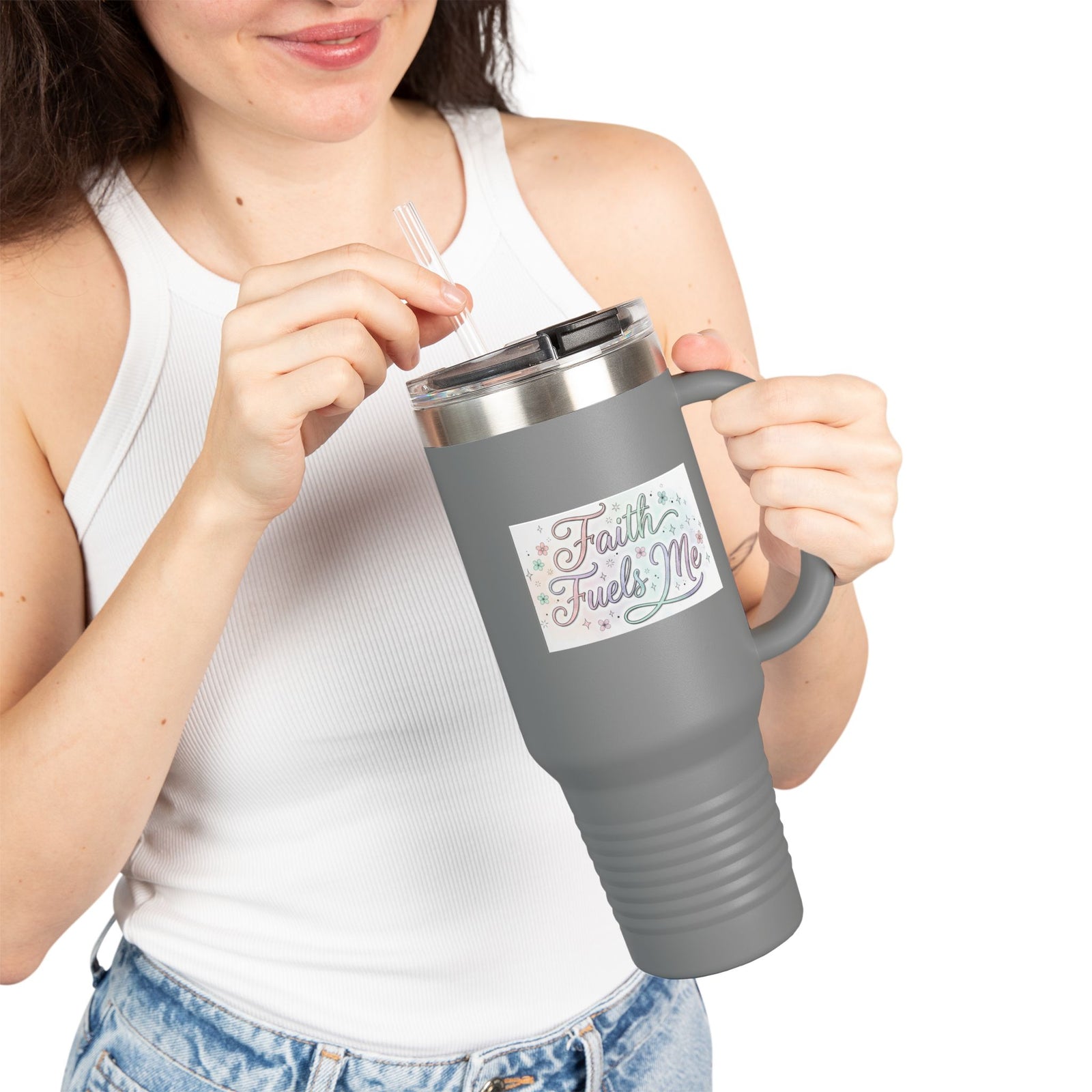 40oz Insulated Travel Mug — "Faith Fuels Me" Inspirational White Tumbler