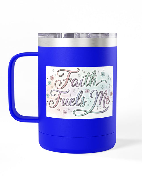 Load image into Gallery viewer, 15oz Insulated Coffee Tumbler Mug — "Faith Fuels Me" Pastel Star Design
