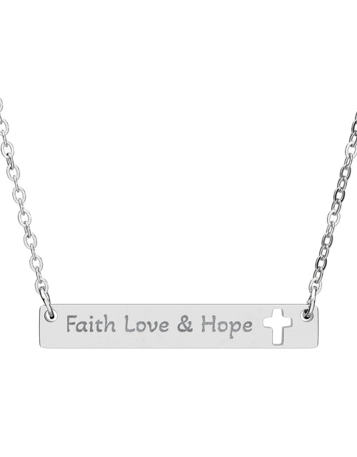 Load image into Gallery viewer, Cutout Cross Bar Necklace — "Faith, Love &amp; Hope" Engraved Religious Pendant
