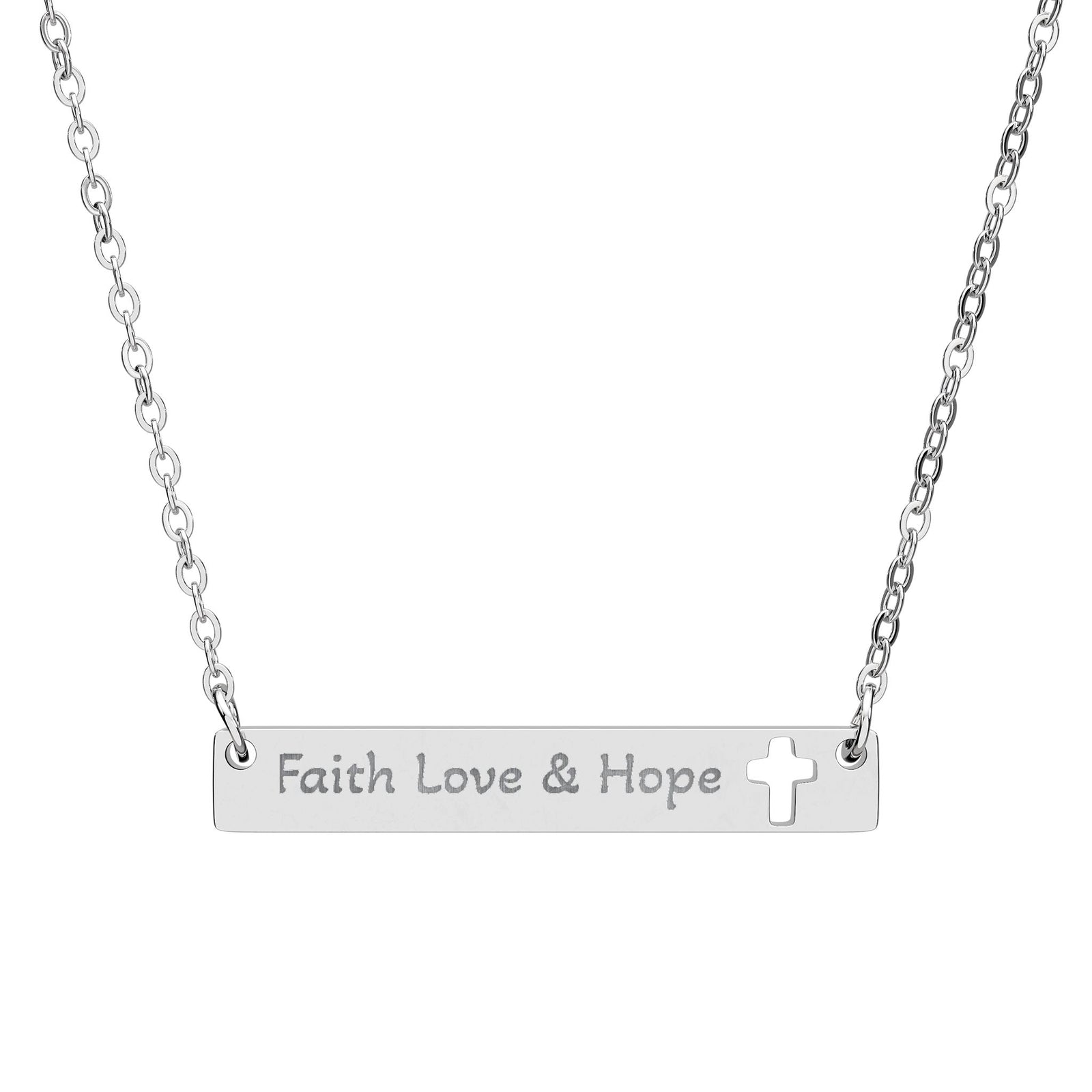 Cutout Cross Bar Necklace — "Faith, Love & Hope" Engraved Religious Pendant