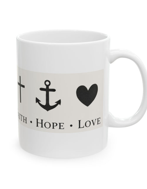 Load image into Gallery viewer, Faith Hope Love Ceramic Mug — Inspirational Cross &amp; Anchor Coffee Cup (11oz, 15oz)
