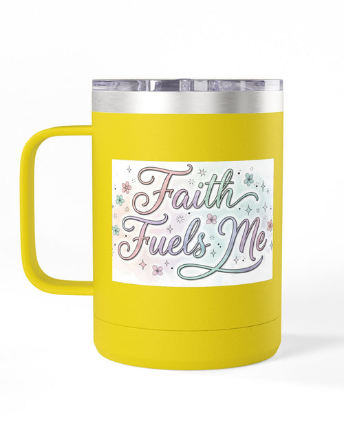 Load image into Gallery viewer, 15oz Insulated Coffee Tumbler Mug — "Faith Fuels Me" Pastel Star Design
