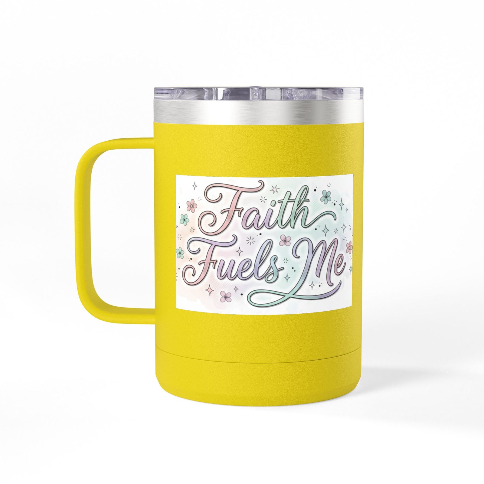 15oz Insulated Coffee Tumbler Mug — "Faith Fuels Me" Pastel Star Design