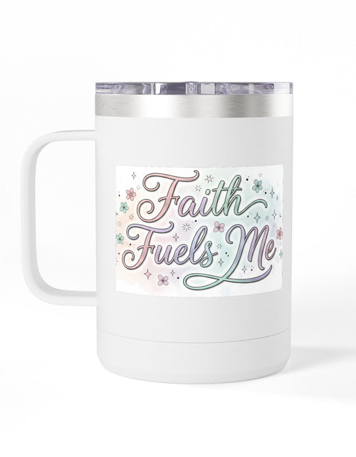 Load image into Gallery viewer, 15oz Insulated Coffee Tumbler Mug — "Faith Fuels Me" Pastel Star Design
