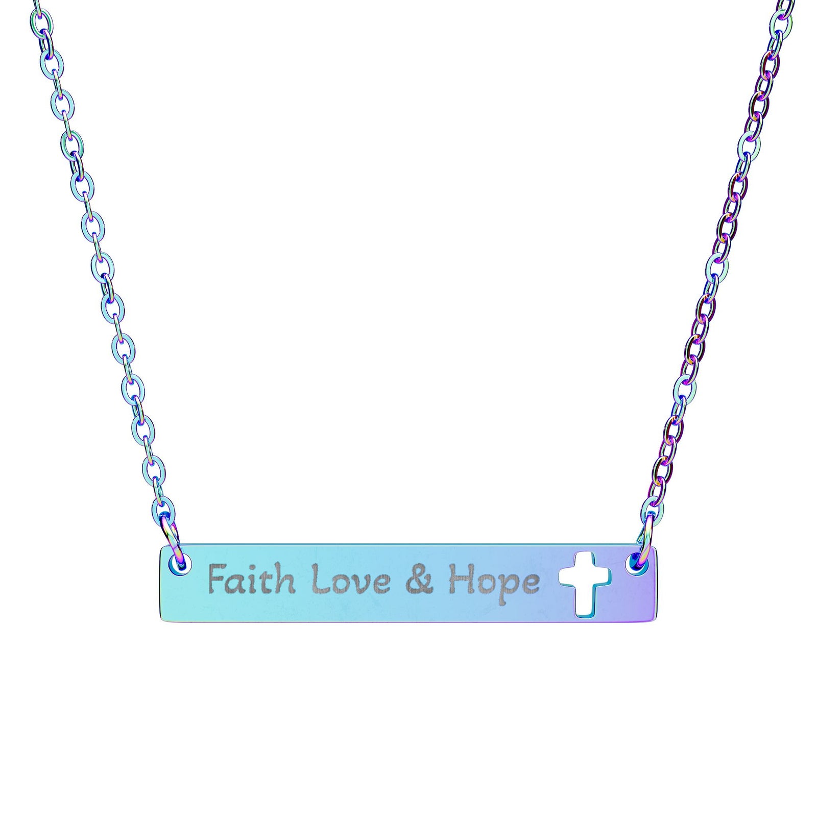Cutout Cross Bar Necklace — "Faith, Love & Hope" Engraved Religious Pendant