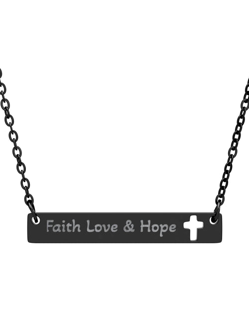 Load image into Gallery viewer, Cutout Cross Bar Necklace — "Faith, Love &amp; Hope" Engraved Religious Pendant
