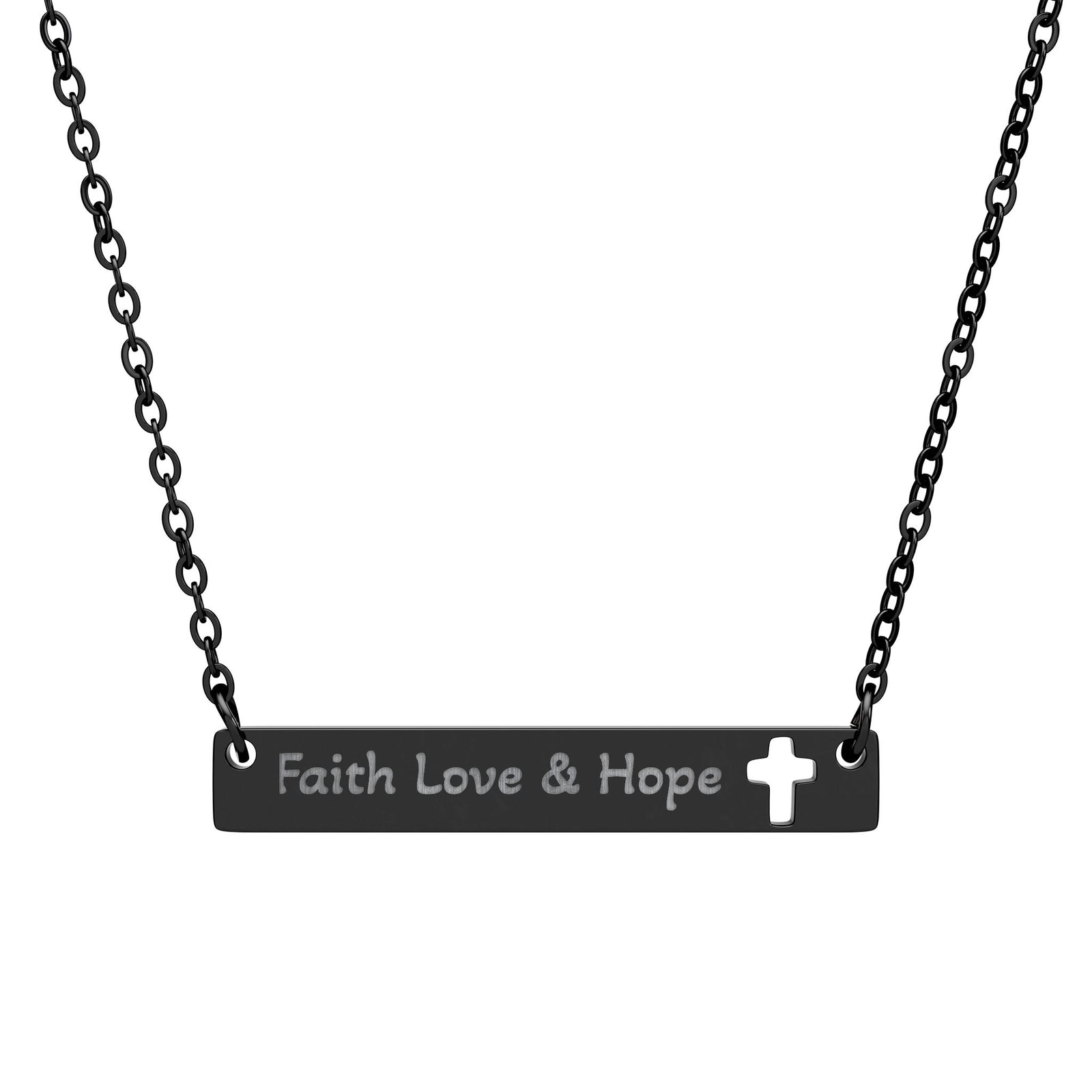 Cutout Cross Bar Necklace — "Faith, Love & Hope" Engraved Religious Pendant