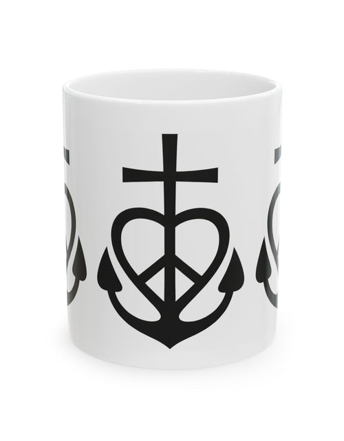 Load image into Gallery viewer, Faith, Love &amp; Peace Ceramic Mug — Uplifting Christian Coffee Cup (11oz/15oz)
