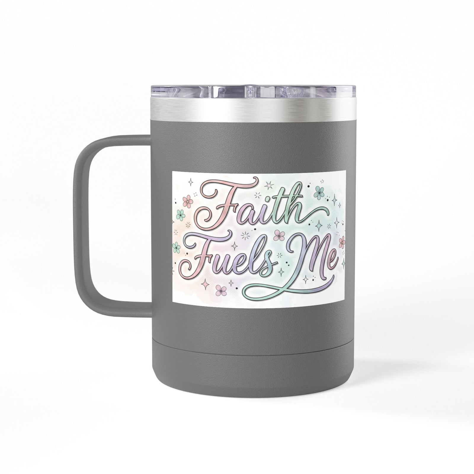 15oz Insulated Coffee Tumbler Mug — "Faith Fuels Me" Pastel Star Design