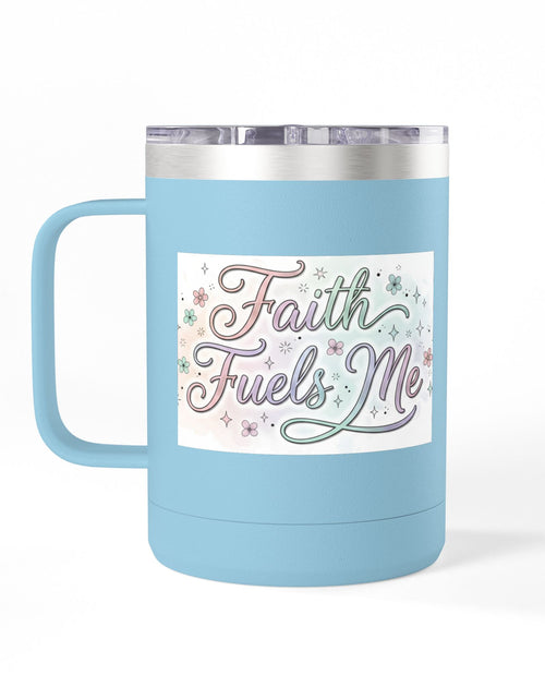 Load image into Gallery viewer, 15oz Insulated Coffee Tumbler Mug — "Faith Fuels Me" Pastel Star Design
