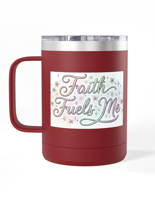 Load image into Gallery viewer, 15oz Insulated Coffee Tumbler Mug — "Faith Fuels Me" Pastel Star Design
