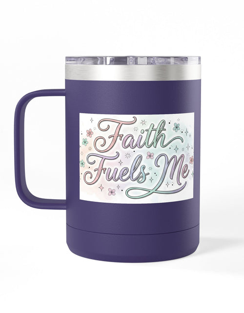 Load image into Gallery viewer, 15oz Insulated Coffee Tumbler Mug — "Faith Fuels Me" Pastel Star Design
