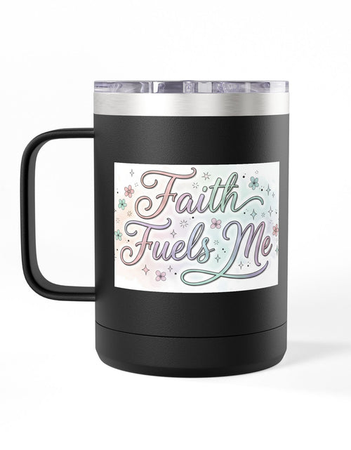 Load image into Gallery viewer, 15oz Insulated Coffee Tumbler Mug — "Faith Fuels Me" Pastel Star Design
