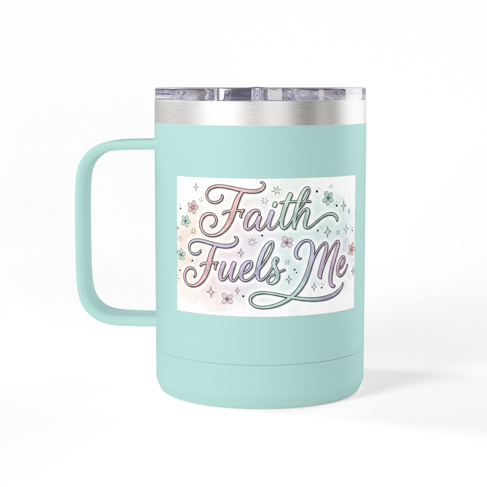 15oz Insulated Coffee Tumbler Mug — "Faith Fuels Me" Pastel Star Design
