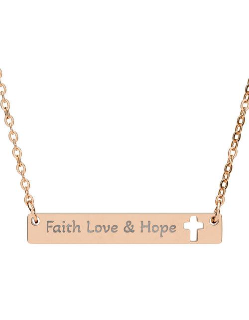 Load image into Gallery viewer, Cutout Cross Bar Necklace — "Faith, Love &amp; Hope" Engraved Religious Pendant
