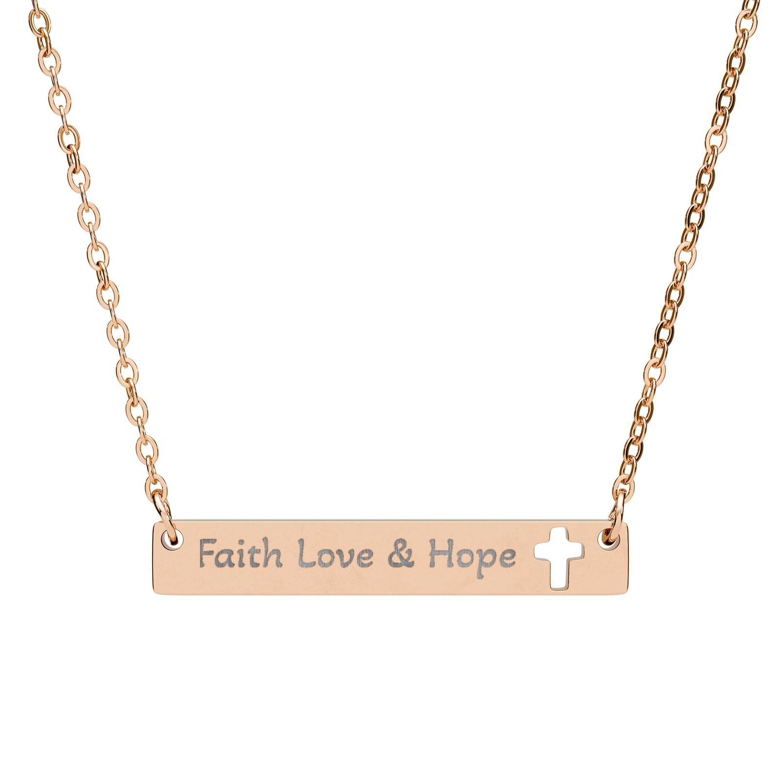 Cutout Cross Bar Necklace — "Faith, Love & Hope" Engraved Religious Pendant