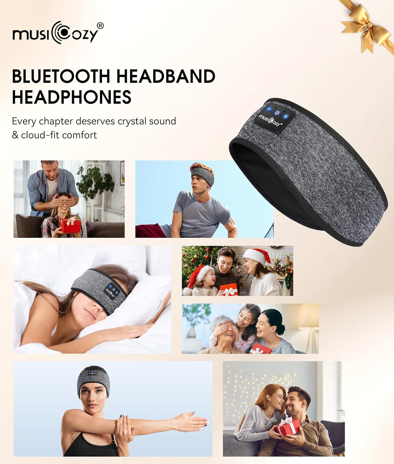 Sleep Headphones Bluetooth 5.2 Headband Headphones, Wireless Earphones Music Sleep Earbuds for Side Sleepers Sleeping Eye Mask for Women Men Workout Running Cool Unique Gifts