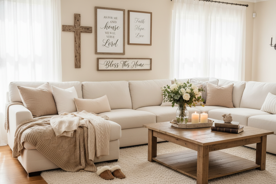 happy home attire , warm inviting with faith inspired decor